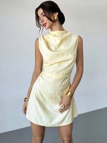 Firerie Women's Elegant Minimalist Delicate Romantic Sweet Daily Commute Wedding Party Music Festival Vacation Pleated A-Line Rose Embossed Embossed Cream Yellow Mini Cami Dress - Yellow - View 5