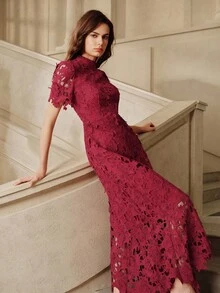 Savoree Lace Trim Fitted Mini Dress For Women Burgundy Maxi Women Outfit - View 3
