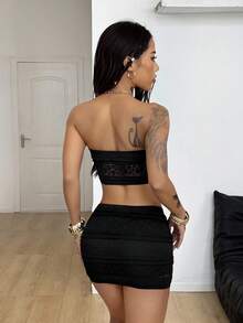 Coolane 女士夏季节日街头服饰西部风波西米亚海滩装 Y2K Gyaru 蕾丝修身抹胸和荷叶边半身裙白色两件套服装 - 黑色 - 查看 8