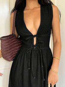 Siren Gaze Vestido vaquero sin mangas con cordones en la cintura, casual de verano para mujer
