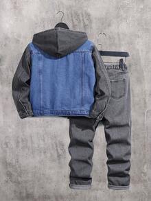 2 件套青少年男童时尚蓝黑牛仔布拼接连帽牛仔夹克 + 黑色牛仔紧身裤套装