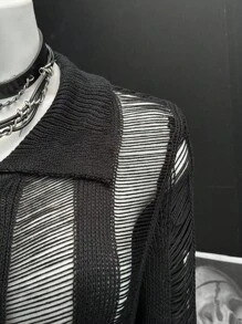 SHEIN Unity Chaqueta de punto con cuello polo sexy, asimétrica y calada, con botones decorativos, estilo europeo y americano, para mujer, para verano, otoño e invierno - Negro - Ver 2