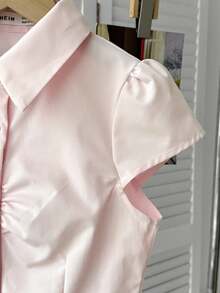 SHEIN Tween Girl Solid Color Short Sleeve Cardigan Shirt Baby Pink Summer Cute School Back-To-School,Girls Fitted Collared Button Down Blouse Ruffle Tops - Baby Pink - View 5