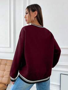 Flirla Women's Autumn Dropped Shoulder Long Sleeve Basic V-Neck Sweatshirt, Collegiate Style Fall Cloth For Women - Red - View 2