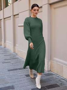 EURMUSE Abito maxi in maglia con maniche a palloncino e orlo a linea A - Verde militare - Visualizzare 7
