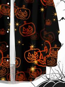 Manfinity Homme Kemeja Lengan Panjang Slim Fit Kasual Motif Kepala Halloween untuk Pria, Musim Gugur - Hitam - View 4