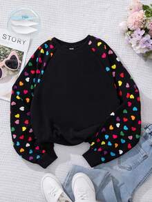 Firerie Kids Firerie Kids Tween Girl Sporty Street Style Tricotat Inimă Print Gât Rotund Hanorac Mânecă Lungă