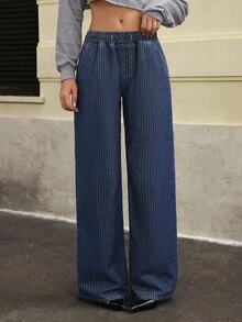 Jeanoix 女士时尚休闲街头复古条纹 Y2K 牛仔裤