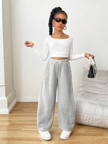 青少年女孩超大运动裤，休闲时尚，适合日常穿着 - 灰色 - 查看 6