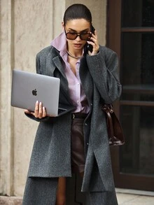 Siren Gaze 女式两件套休闲日常缺角领长款混纺外套，秋冬新款防风保暖灰色多用途超长款翻领灰色外套、外套和围巾套装 - 灰色 - 查看 5