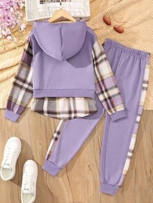 SHEIN Tween Girl Plaid Patchwork Hoodie And Pants Set Fall Winter - Purple - View 2