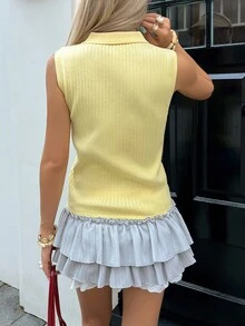 Modelyn 女式夏季休闲刺绣黄色针织背心 - 黃色 - 查看 2