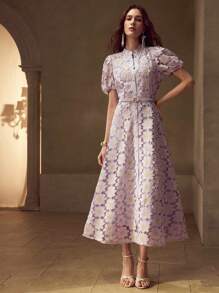 MOTF PREMIUM GOLD THREAD FLORAL EMBROIDERED STAND COLLAR PUFF SLEEVE FITTED PEARL BELT MID-LENGTH DRESS - Mauve Purple - View 4