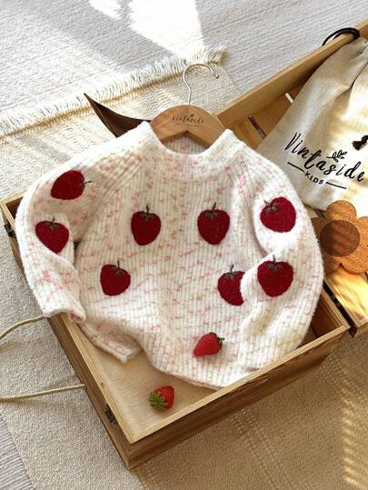 SHEIN Vintaside Kids Toddler Autumn/Winter New Cute Strawberry Crew Neck Knitted Sweater, Polka Dot Top Suitable For Spring, Autumn, Winter, Outdoor Travel, Leisure Activities, Outdoor Play Fall