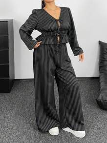 Flirla Plus Size Vacation Casual Versatile Tie-Front V-Neck Short Sleeve Crop Top + Matching Striped Pants 2 Pieces Set Fall Cloth For Women