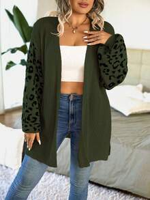 EMERY ROSE Plus Size Women Leopard Print Knit Casual Versatile Lantern Sleeve Cardigan Sweater Fall Winter Cloth For Women Autumn - Army Green - View 4