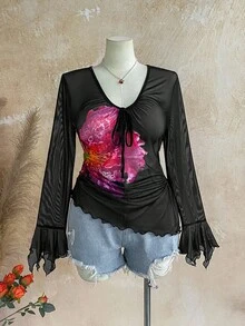 Soleia Plus Size Women Vacation Mesh Floral Print V-Neck Bowknot Asymmetrical Flare Sleeve Asymmetric Ruched Hem T-Shirt