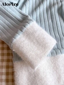 Autumn/Winter Cropped Tight Knit Cardigan Sweater With French Fur Collar For Tween Girls Fall - Dusty Blue - View 3