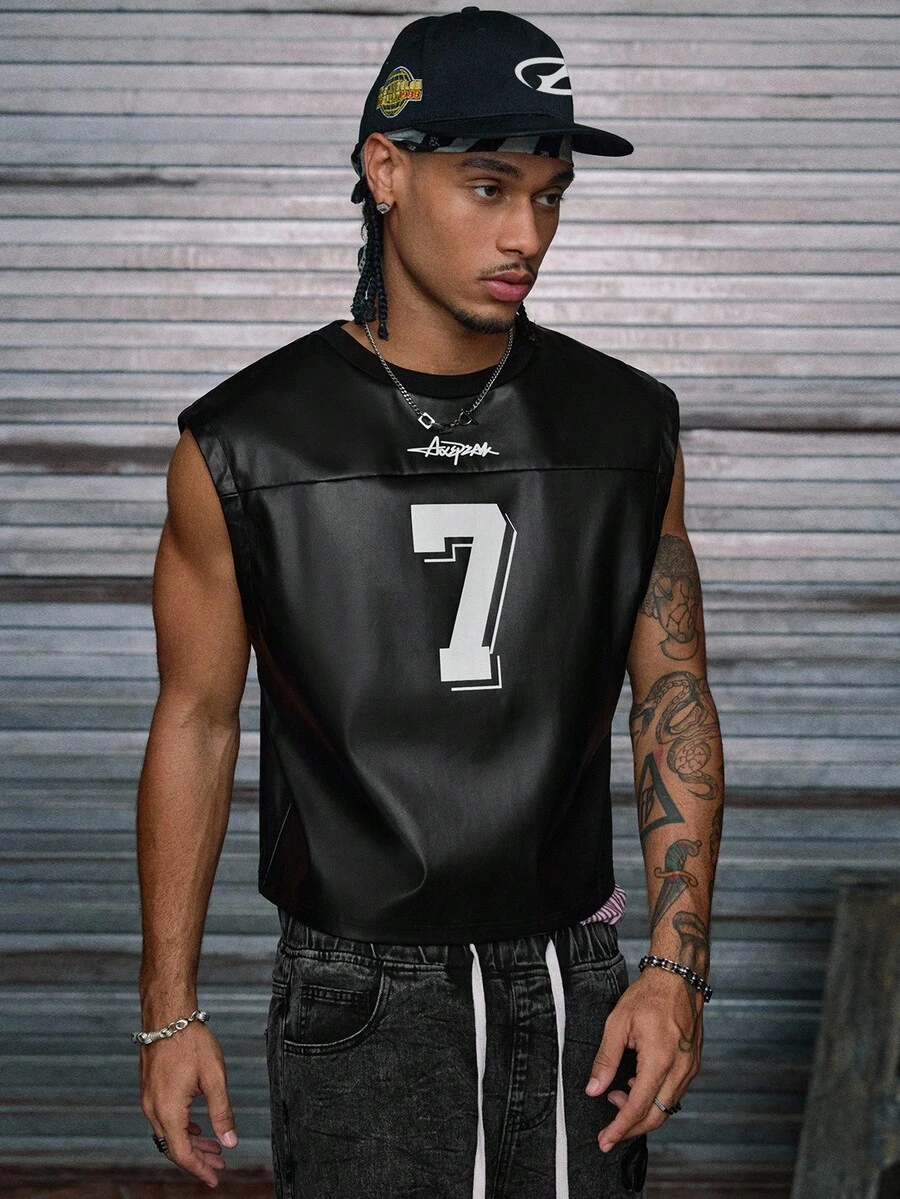 AXEPEAK 男士针织休闲宽松无袖印花数字图案背心，时尚日常穿着 - 黑色 - 查看 1