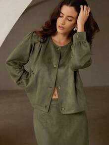 Chiquease 女士秋冬新款仿麂皮垫肩时尚别致宽松泡泡袖圆领直筒长袖夹克和裙子两件套 - 綠色 - 查看 6