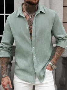 Manfinity CasualCool Men's Casual Button-Up Long Sleeve Shirt, Minimalist Daily Wear Men Linen Shirt Teal Men Shirt Turquoise ,Fall - Mint Green - View 1