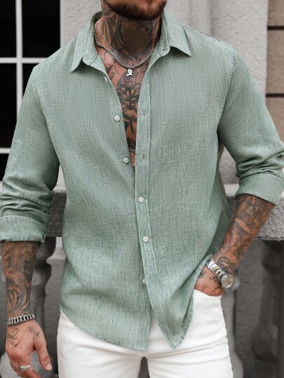 Manfinity CasualCool Men's Casual Button-Up Long Sleeve Shirt, Minimalist Daily Wear Men Linen Shirt Teal Men Shirt Turquoise ,Fall