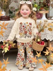 SHEIN 压花套装、波西米亚野花、植物套装、复古植物套装、粉彩花卉自然套装、园艺爱好者礼物、休闲柔软针织套头衫套装、女童冬装、女婴冬装、女童秋装、女童秋季套装、女婴服装、女婴装扮