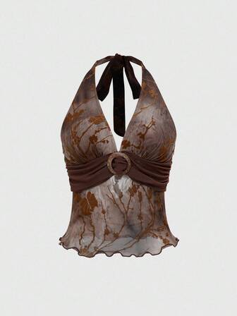 Hippie Top halter con escote profundo en V y espalda descubierta con estampado floral retro y efecto tie-dye para mujeres