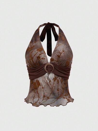 Hippie Retro Tie-Dye Floral Flocked Sexy Deep V Backless Halter Top For Women