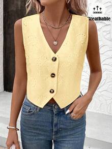 SHEIN LUNE Butter Yellow Spring Embroidered Romantic Date Women's Shirt With Vest - Yellow - View 4