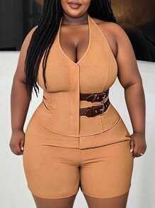 Slaydiva Veslaya Plus Size Women Halter Neck Low-Cut Vest & Shorts 2pcs Suit,Black And White,Summer,Classy,Night Out Club Two Piece Matching Curvy Outfit Set - Khaki - View 10