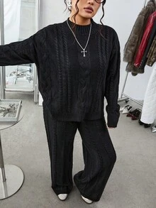 SHEIN EZwear 2 件套纯色圆领长袖休闲套头毛衣和裤子，加大码，秋冬两件套女士毛衣套装女士黑色针织套装粗针织毛衣套装 - 黑色 - 查看 5