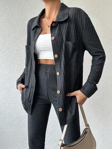 SHEIN Cottnline Cotton Women's Solid Color Rib Knit Two Pieces Set - Dark Grey - View 6