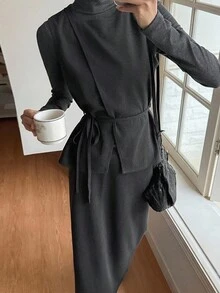 DAZY 女式无袖拼布圆领上衣/背心和直筒裙两件套休闲套装 - 深灰色 - 查看 1