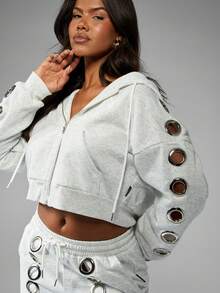 Missguided x Playboy Heather Grey Zip Through Hoodie With Eyelet Detail And Drawstring For Casual Comfort - Light Grey - View 4