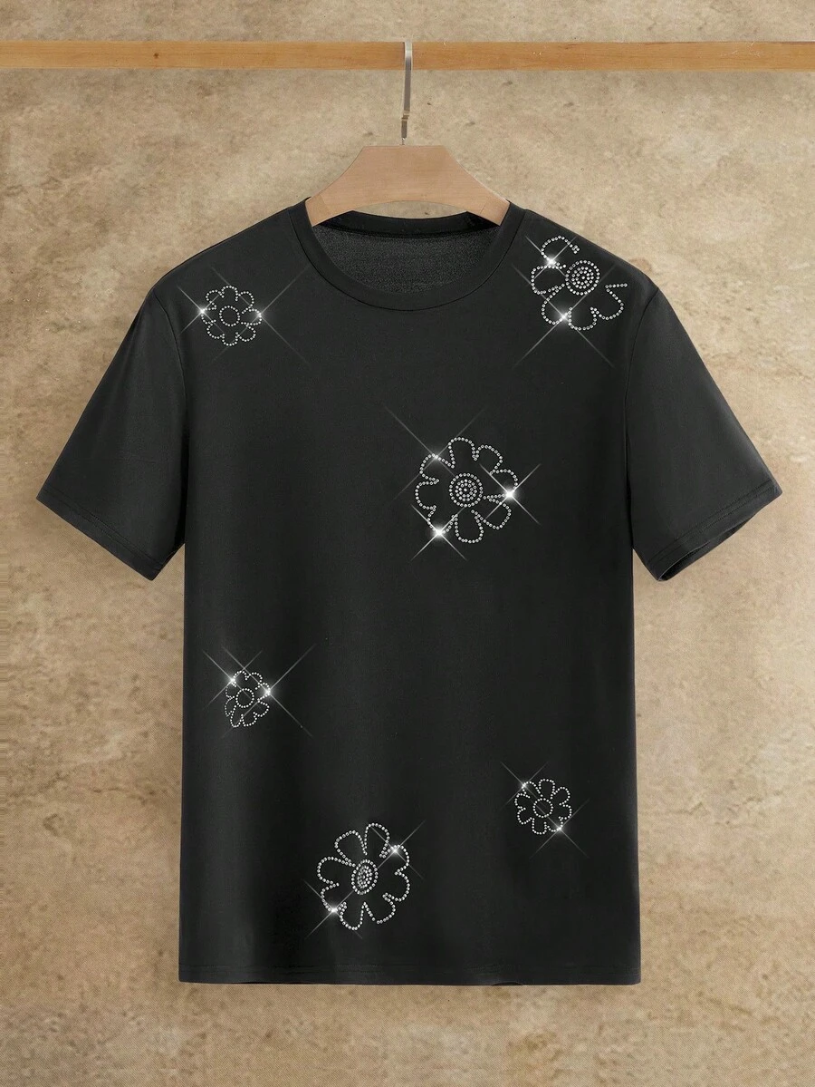 Manfinity NXTstreet Men's Casual Elastic Knit Floral Rhinestone Embellished Fitted T-Shirt, 2000s Style - Black - View 1