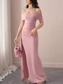 SHEIN Tween Girl Elegant Maxi Dress, Off Shoulder Ruffle Hem Fitted Long Party Dress, Pink Flower Girl Gown Off Shoulder Dress Asymmetrical Dress Christmas Dress - Pink - View 2