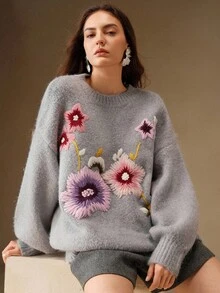 Anewsta Women's Embroidered Floral Knit Pullover Sweater,Gray,Autumn,Elegant,Brunch,Chic Fall Winter Formal Party New Year Christmas Work Wedding - Grey - View 7