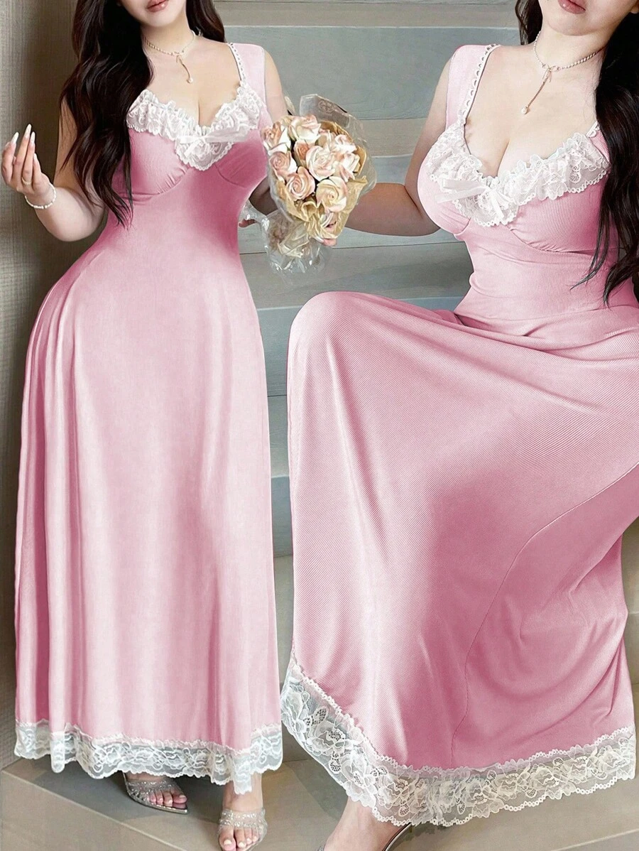Vibekara Vestido de manga corta con cuello de diamante, contraste acanalado y volantes para tallas grandes - Rosa - Ver 1