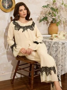 Côtesoire 撞色蕾丝花边拼布圆领上衣和长裤女士睡衣套装，秋季服装 - 米色 - 查看 5