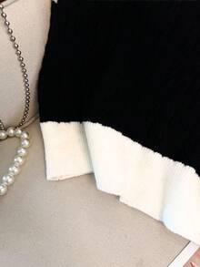 GlowEve CURVE Áo khoác len cardigan cổ chữ V không tay màu tương phản cỡ lớn dành cho nữ, trang phục mặc nhiều lớp thường ngày cho mùa xuân và mùa thu - Đen và trắng - Xem 4