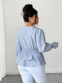 Elenzga Blusa Feminina com Decote em V, Cintura Marcada e Bainha Evasê, Uso Casual - Azul e Branco - Visão 2