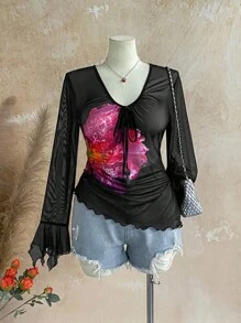 Soleia Plus Size Women Vacation Mesh Floral Print V-Neck Bowknot Asymmetrical Flare Sleeve Asymmetric Ruched Hem T-Shirt