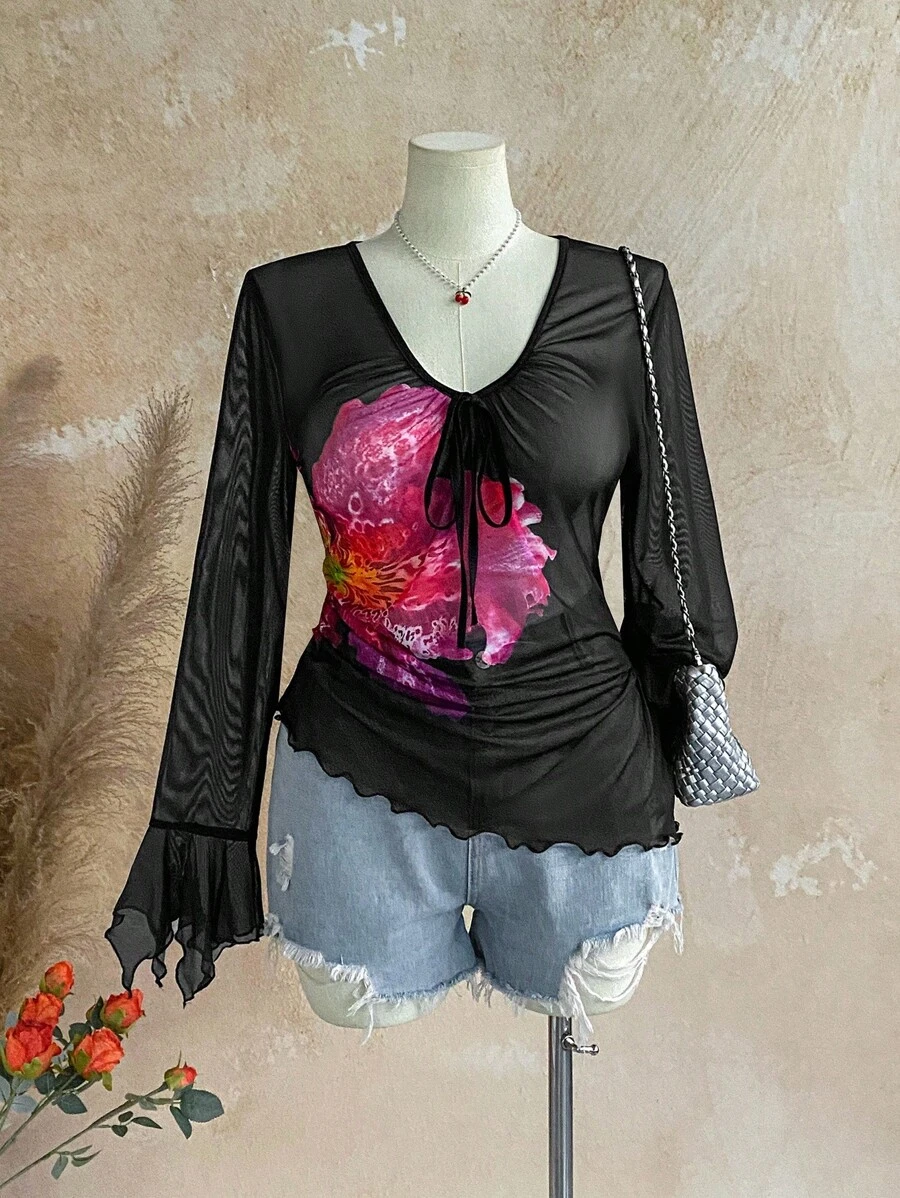 Soleia Plus Size Women Vacation Mesh Floral Print V-Neck Bowknot Asymmetrical Flare Sleeve Asymmetric Ruched Hem T-Shirt