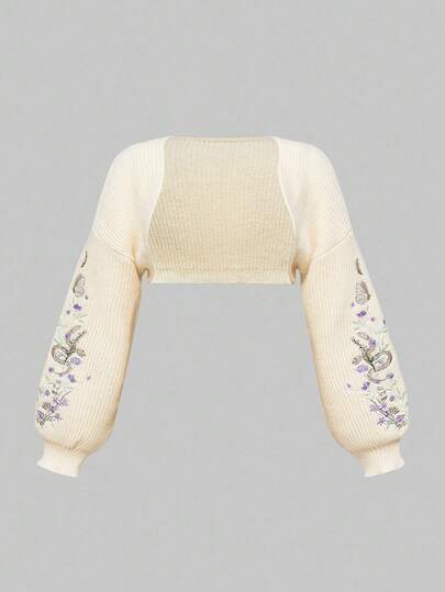 ROMWE Goth Goth Botanical Snake Embroidery Plus Size Cropped Sleeveless Thin Cardigan