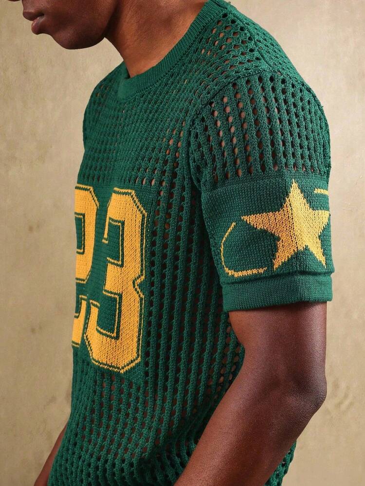 대학 번호 디자인이 들어간 메시 니트 스웨터