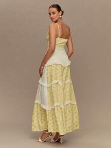 Enchnt V-Neck Floral Lace Patchwork Waist Ruffle Hem Slip Dress For Women - Yellow - View 7