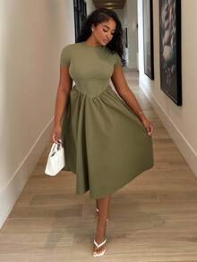 Alexandranx Black Herringbone Print Mid-Length Dress,Sun Dress - Army Green - View 5