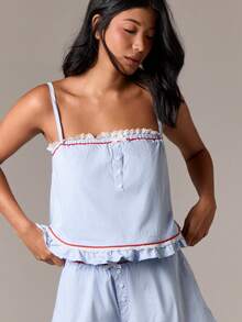 AiiRZ 女士睡衣上衣条纹印花荷叶边无袖睡衣夏季家居服吊带睡衣背心带蕾丝细节纽扣 - 彩色 - 查看 3