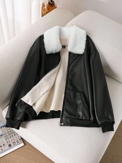 CosyJoli 大码休闲摩托车仿皮毛和PU拼布拉链棒球夹克仿皮毛领夹克女士黑色皮夹克女式带衬里皮夹克女式皮夹克女式冬季夹克飞行员夹克女式黑色夹克